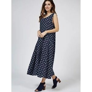 Womens Navy Blue White Polka Dot Sleeveless Midi Tank Dress A-Line Scoop Neck